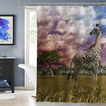 Young Giraffe Looking Elephant at Grassland Sunset Shower Curtain