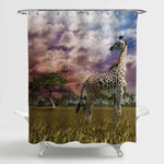 Young Giraffe Looking Elephant at Grassland Sunset Shower Curtain