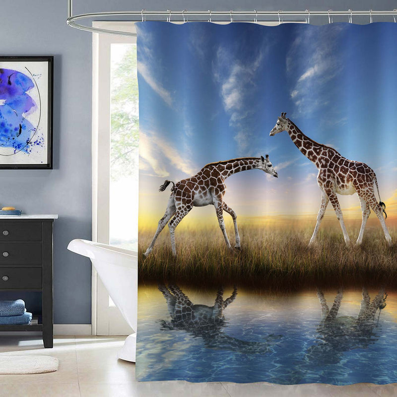 Giraffes Playing at Sunset with African Safari Park Shower Curtain - Blue Gold