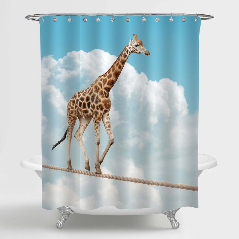 Giraffe Balancing on a Tightrope Concept for Risk Shower Curtain - Blue Brown