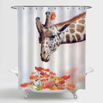 Giraffe and Poppy Flowers Shower Curtain - Red Brown