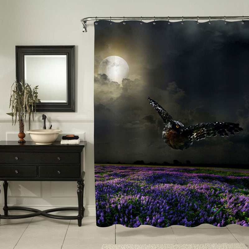 Owl Flying Over Meadow of Lavender Shower Curtain