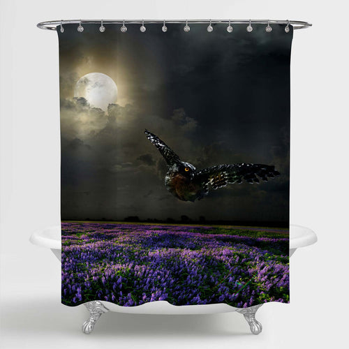 Owl Flying Over Meadow of Lavender Shower Curtain