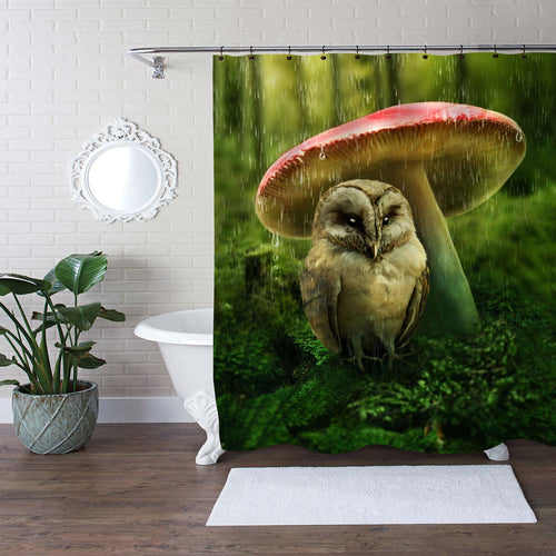 Little Owl Hidding Under Mushroom from Rain Shower Curtain - Green Brown