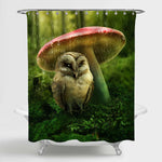 Little Owl Hidding Under Mushroom from Rain Shower Curtain - Green Brown
