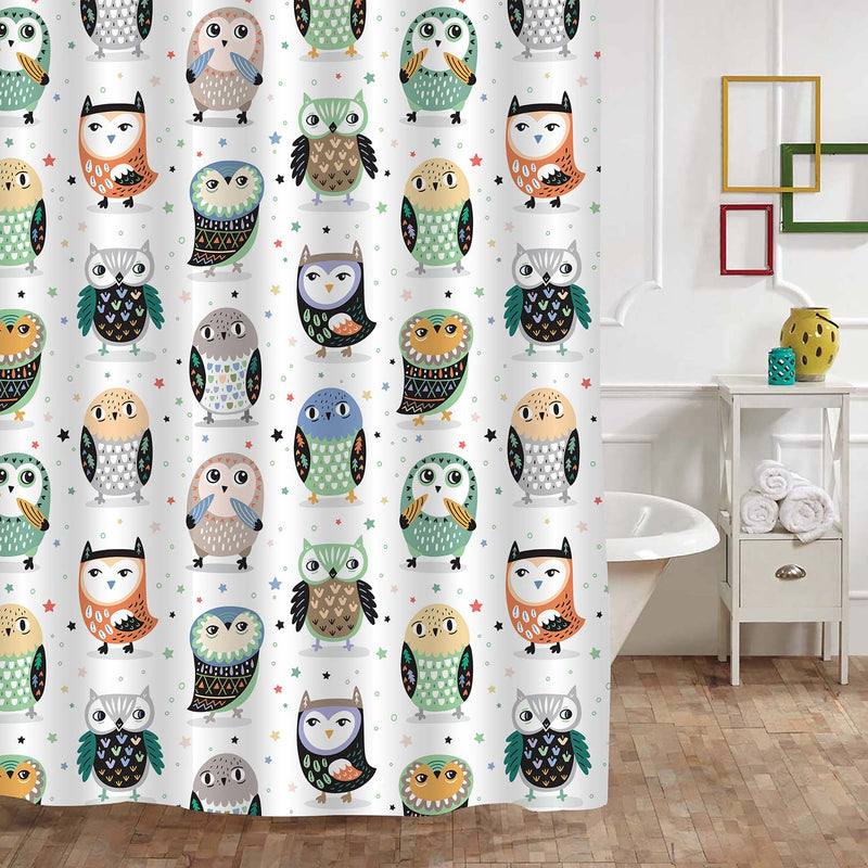 Colorful Owl Birds and Stars Pattern Shower Curtain