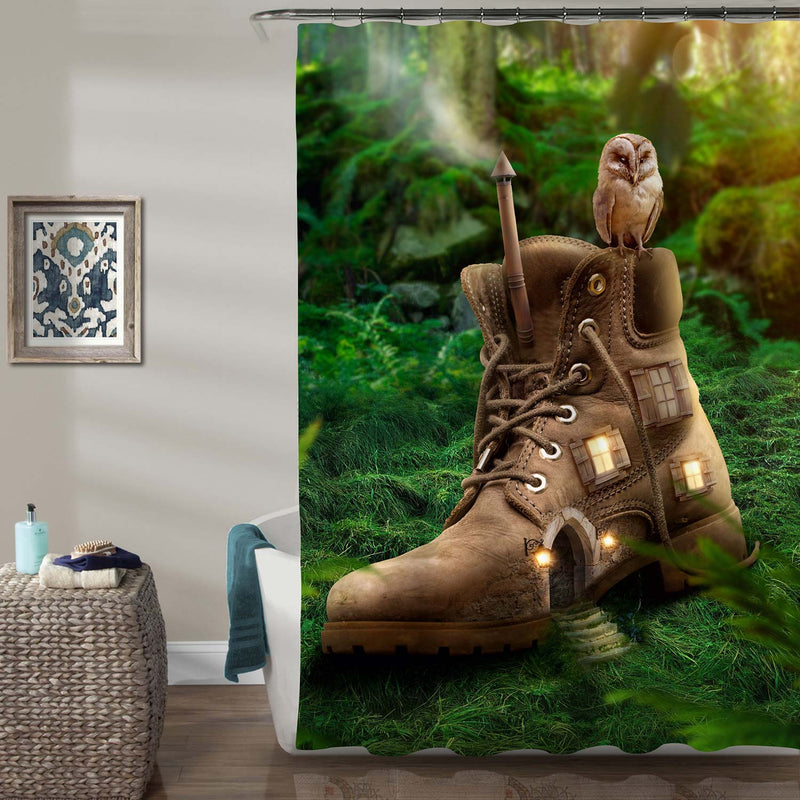 Little Owl Sitting on a Boot House in Dreamy Wood Shower Curtain - Green Brown