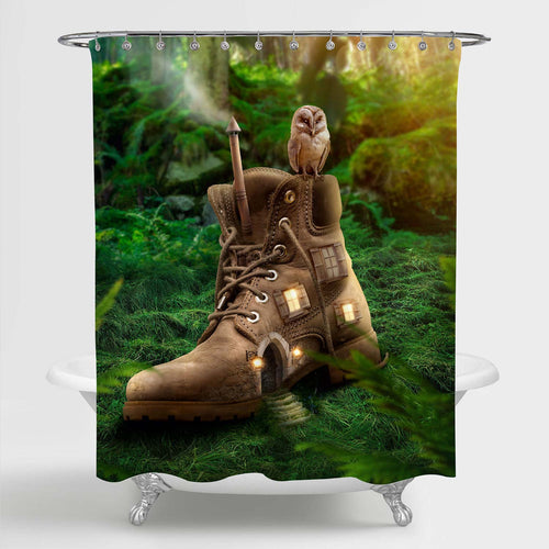 Little Owl Sitting on a Boot House in Dreamy Wood Shower Curtain - Green Brown