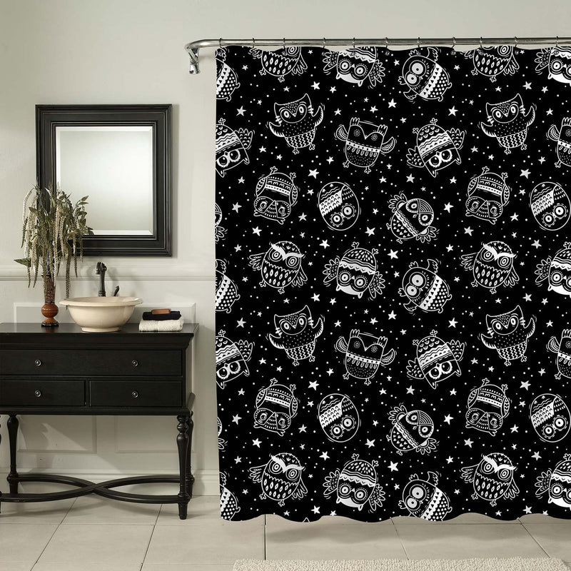 Monochrome Owls in the Galaxy Shower Curtain - Black White