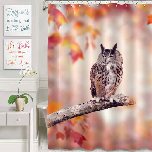 Great Horned Owl Perched in the Autumn Woods Shower Curtain - Red