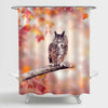 Great Horned Owl Perched in the Autumn Woods Shower Curtain - Red
