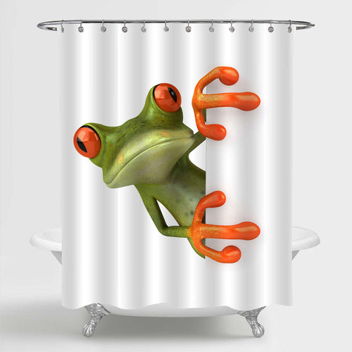 Porcelain Frog Hiding Behind the Wall Shower Curtain - Green