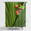 Curious Red Eyed Tree Frog Hiding in Green Leafs Shower Curtain - Green