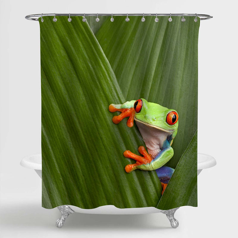 Red Eye Frog Hidding Behind Foliage Shower Curtain - Green