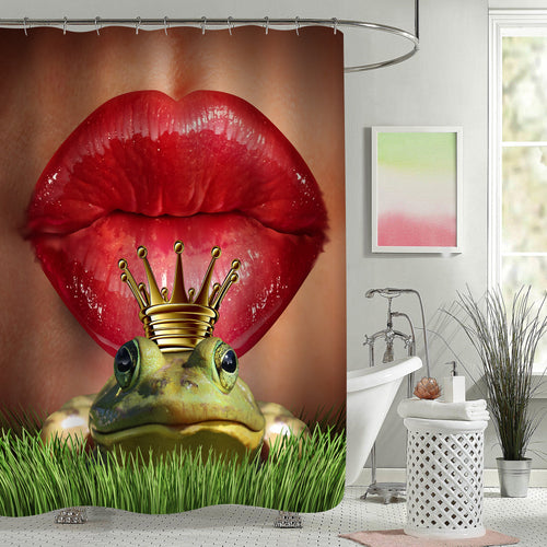 Female Lips Getting Ready to Kiss a Frog Prince Shower Curtain - Red Green