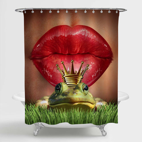 Female Lips Getting Ready to Kiss a Frog Prince Shower Curtain - Red Green