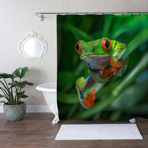 Red Eyed Tree Frog Sitting on the Pitcher Plant Stem Shower Curtain - Green