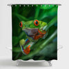 Red Eyed Tree Frog Sitting on the Pitcher Plant Stem Shower Curtain - Green