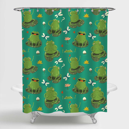 Hand-Draw Frogs, Water Lily, Hearts and Dragonflies Shower Curtain - Green