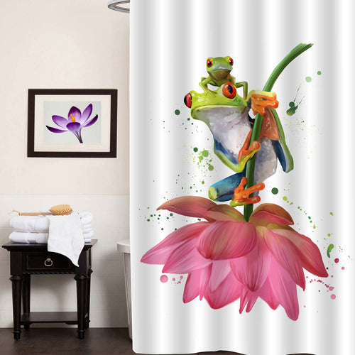 Green Frogs Sitting on a Lotus Flower Shower Curtain - Green Pink