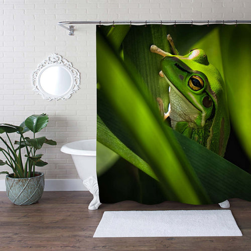 Green Bell Frog Sitting Inside Leaves in a Garden Shower Curtain - Green