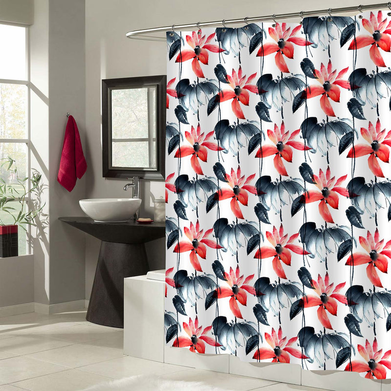Oriental Traditional Painting Lotus Florals Shower Decorations, Summer Blooming Waterlilies Bathroom Curtain for Women and Girls, Waterproof Fabric Bathroom Accessories, Red Black White, 50 by 78