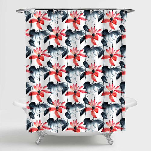 Oriental Traditional Painting Lotus Florals Shower Decorations, Summer Blooming Waterlilies Bathroom Curtain for Women and Girls, Waterproof Fabric Bathroom Accessories, Red Black White, 36 by 72