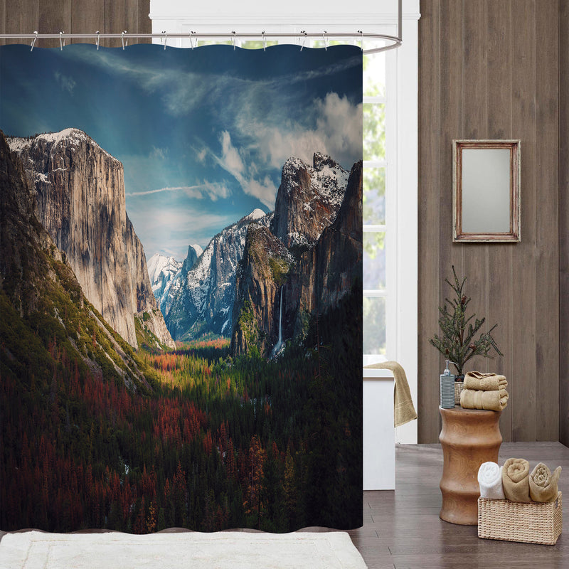 Yosemite National Park View with El Capitan Mountain Hill Rock Covered by Forest Shower Curtain