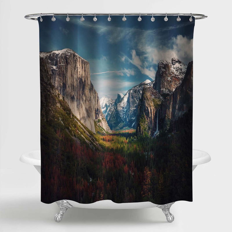Yosemite National Park View with El Capitan Mountain Hill Rock Covered by Forest Shower Curtain