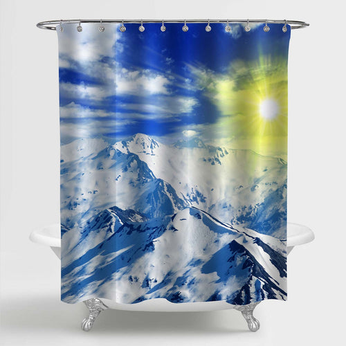 Sparkle Sun Above a Snowbound Mountains Shower Curtain - Blue White