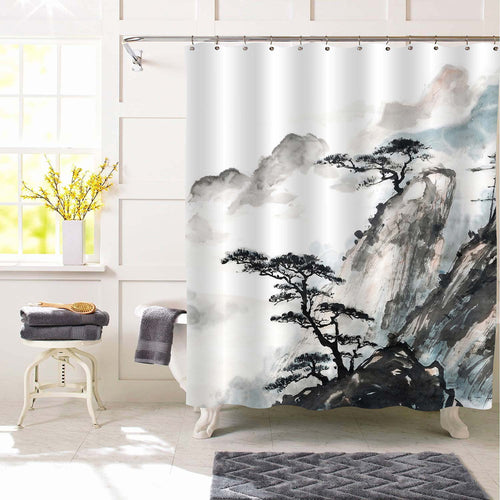 Fogged Mountain and Pine Tree Shower Curtain - Black White