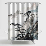 Fogged Mountain and Pine Tree Shower Curtain - Black White