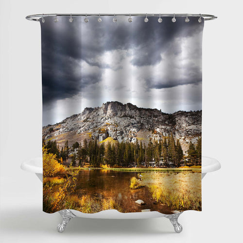 Mountain Under Thinck Clouds Shower Curtain - Grey Gold