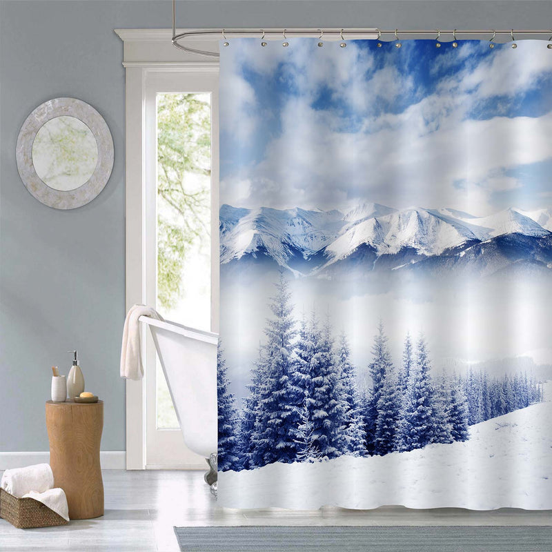 Frosty and Sunny Day in Mountain Shower Curtain - Blue White