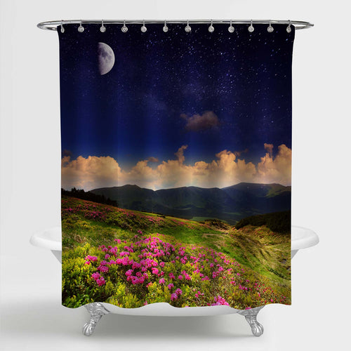 Mountain View of Magic Pink Rhododendron Flowers under Moon Shower Curtain - Multicolor