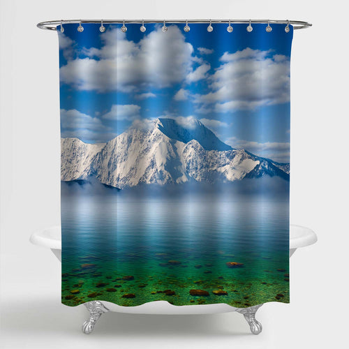 Snowbound Mountains and Emerald Sea Shower Curtain - Blue Green