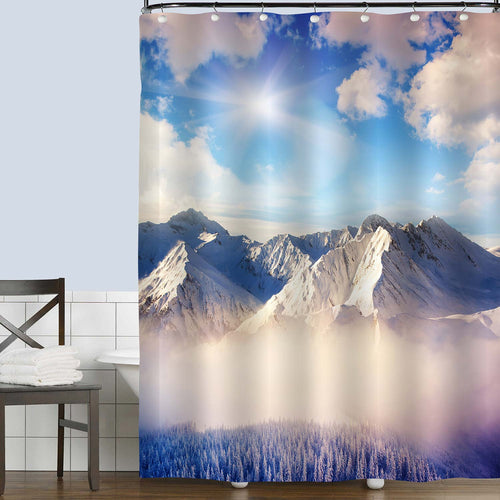 Pine Trees Under the Snowy Mountain Shower Curtain - Blue Whtie