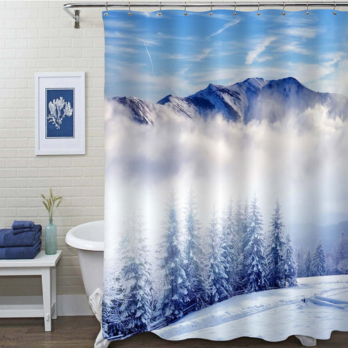 Fog and Cloud Mountain Valley Shower Curtain - Blue White