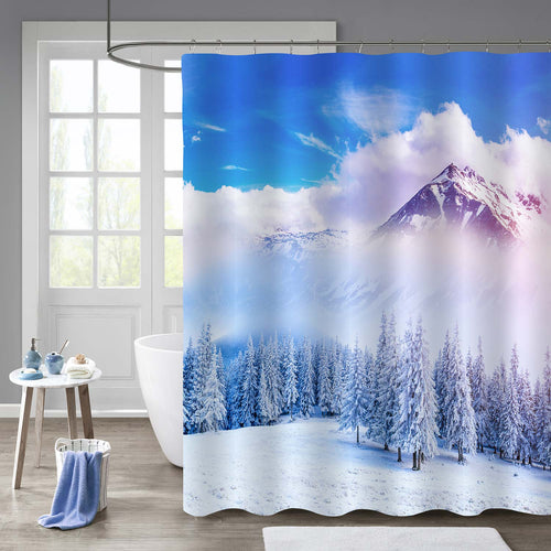 Alpine Snowcovered Highland at Sunny Day Shower Curtain - Blue White