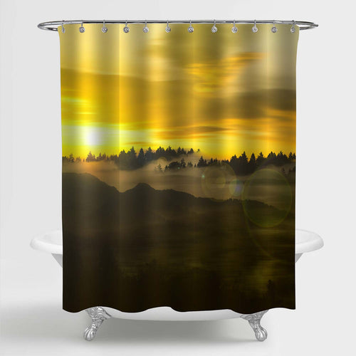 Misty Daybreak in a Mountain Shower Curtain - Gold