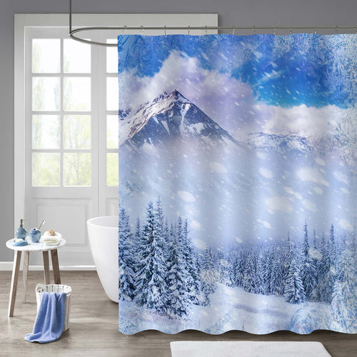 Snowy Mountains and Snow Flakes Shower Curtain - Blue White