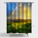 Mountain Valley During Sunrise Shower Curtain - Green Gold