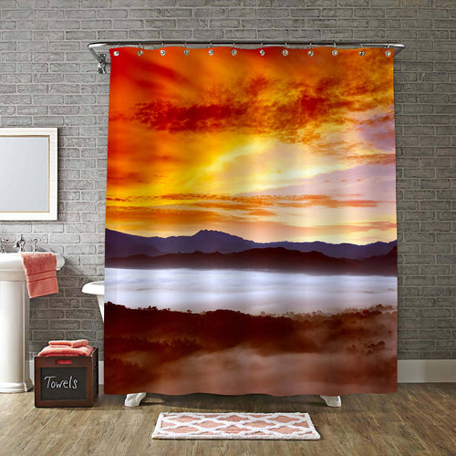 Dawn in Mountains Covered Mist with Bright Sky Shower Curtain - Gold Red