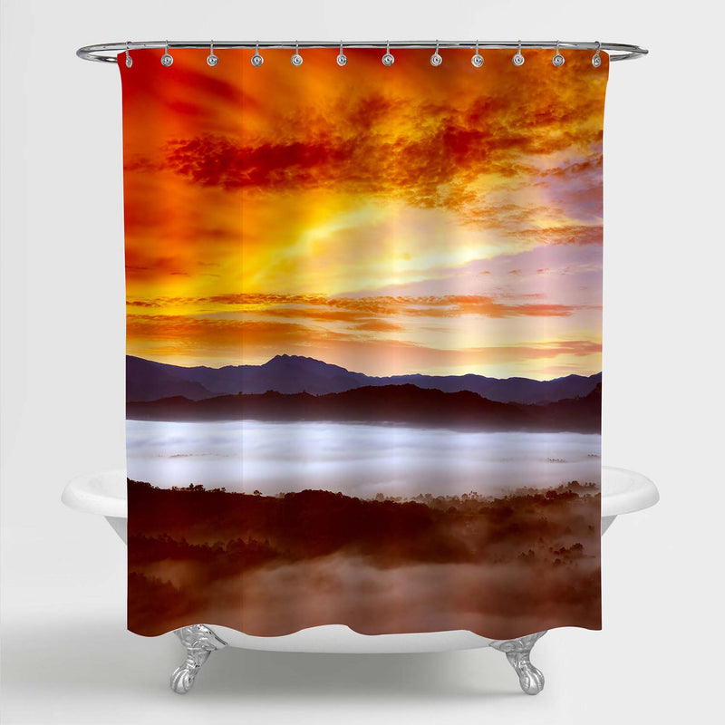 Dawn in Mountains Covered Mist with Bright Sky Shower Curtain - Gold Red