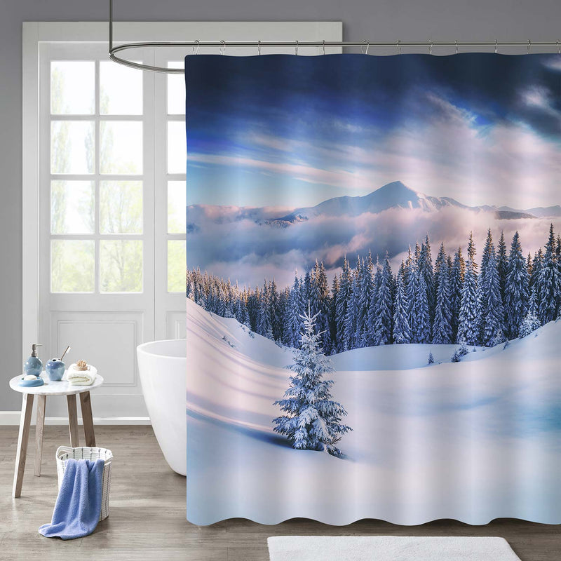 Snowvy Trees on Winter Mountains Shower Curtain - Blue White