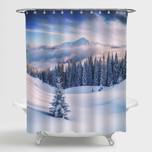 Snowvy Trees on Winter Mountains Shower Curtain - Blue White