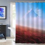 Foggy Morning in the High Mountains Shower Curtain - Red Blue