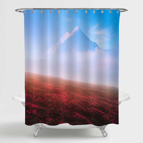 Foggy Morning in the High Mountains Shower Curtain - Red Blue