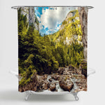 River in Mountains Canyon Glowing in Sunlight Shower Curtain - Green Brown