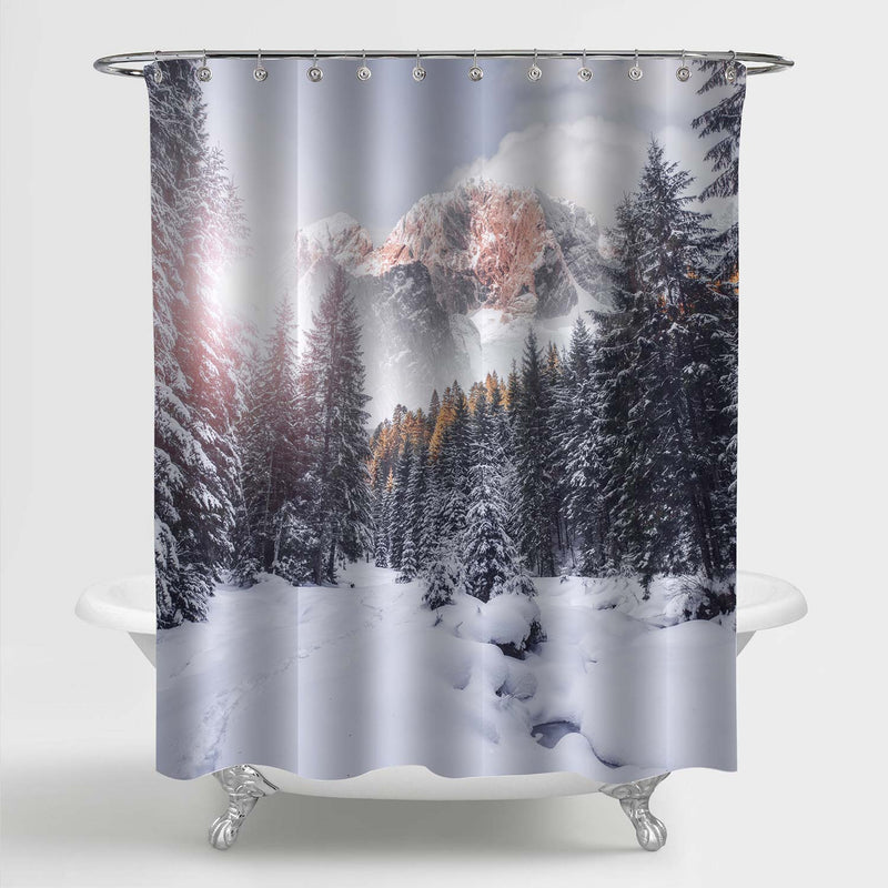 Winter Forest at Alpine Highlands in Sunny Day Shower Curtain - Grey White